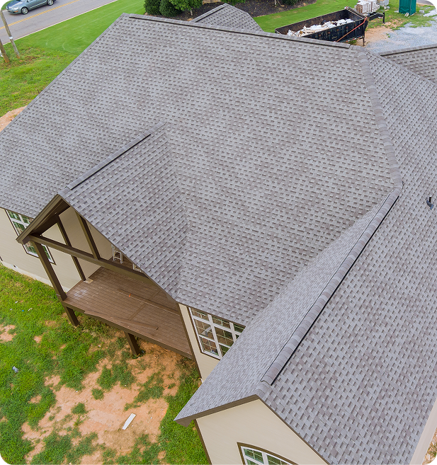 Aerial view of a shingled residential roof